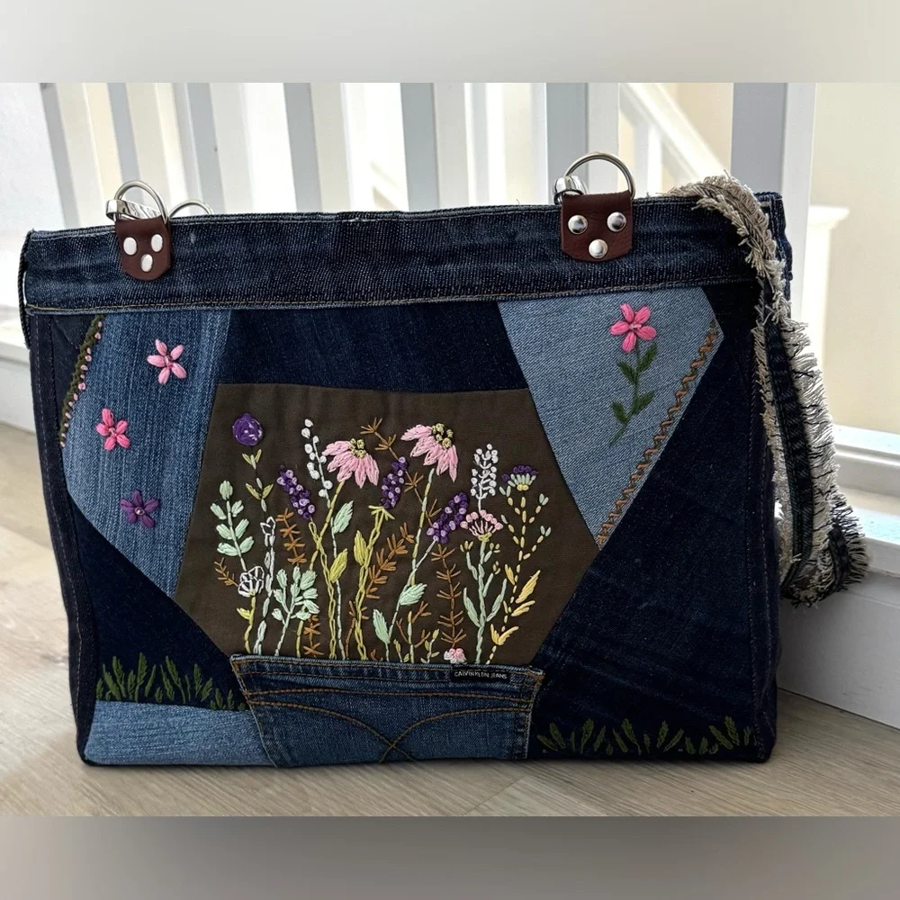 Denim bag Embroidered Floral Patchwork Denim Shoulder Bag-Upcycled Handmade Tote - Picture 3 of 7